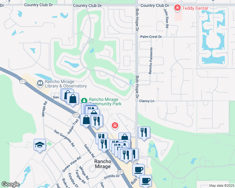 map of restaurants, bars, coffee shops, grocery stores, and more near 25 Majorca Drive in Rancho Mirage