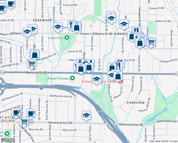 map of restaurants, bars, coffee shops, grocery stores, and more near 1684 Memorial Drive Southeast in Atlanta