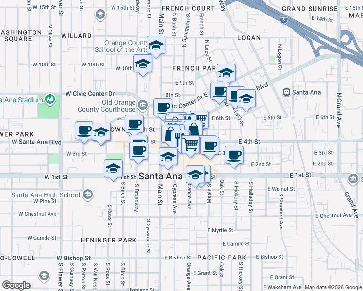 map of restaurants, bars, coffee shops, grocery stores, and more near 268 North Spurgeon Street in Santa Ana
