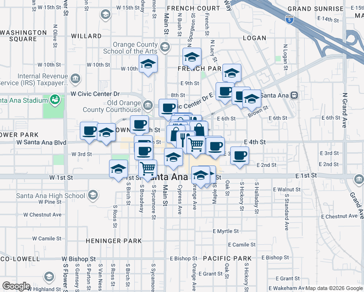 map of restaurants, bars, coffee shops, grocery stores, and more near 299 North Spurgeon Street in Santa Ana