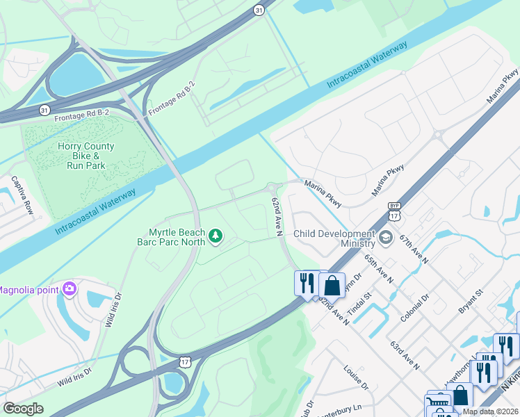 map of restaurants, bars, coffee shops, grocery stores, and more near 5000 Claire Chapin Epps Drive in Myrtle Beach