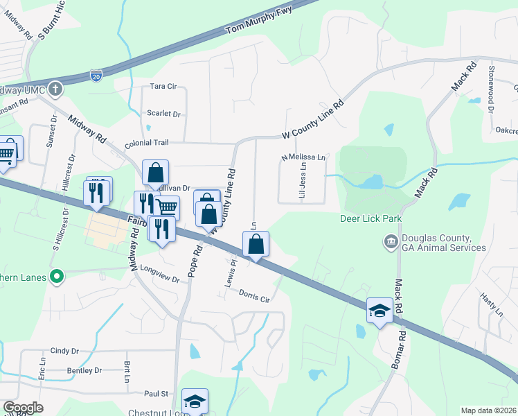 map of restaurants, bars, coffee shops, grocery stores, and more near 2146 Terry Lane in Douglasville