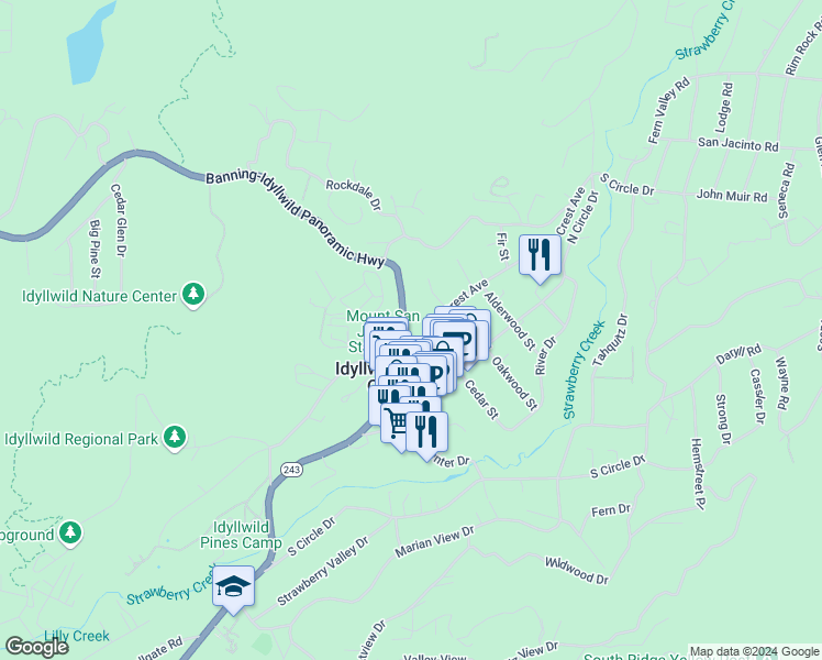 map of restaurants, bars, coffee shops, grocery stores, and more near 25870 California 243 in Idyllwild-Pine Cove