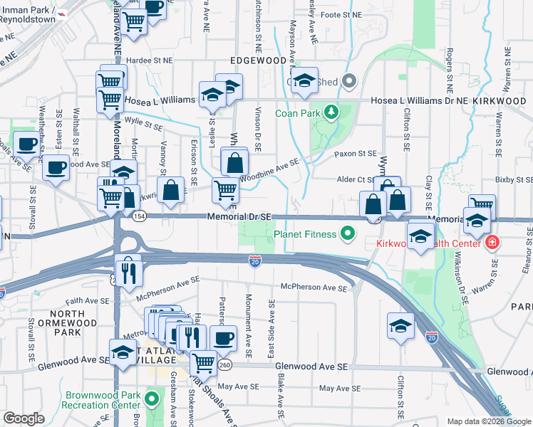 map of restaurants, bars, coffee shops, grocery stores, and more near 1401 Memorial Drive Southeast in Atlanta