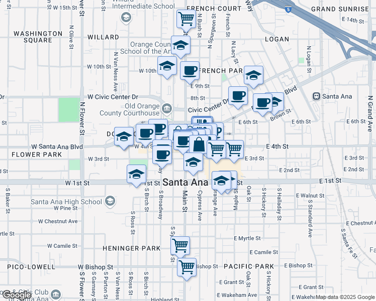 map of restaurants, bars, coffee shops, grocery stores, and more near 104 East 4th Street in Santa Ana