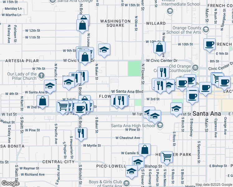 map of restaurants, bars, coffee shops, grocery stores, and more near 1054 West Santa Ana Boulevard in Santa Ana