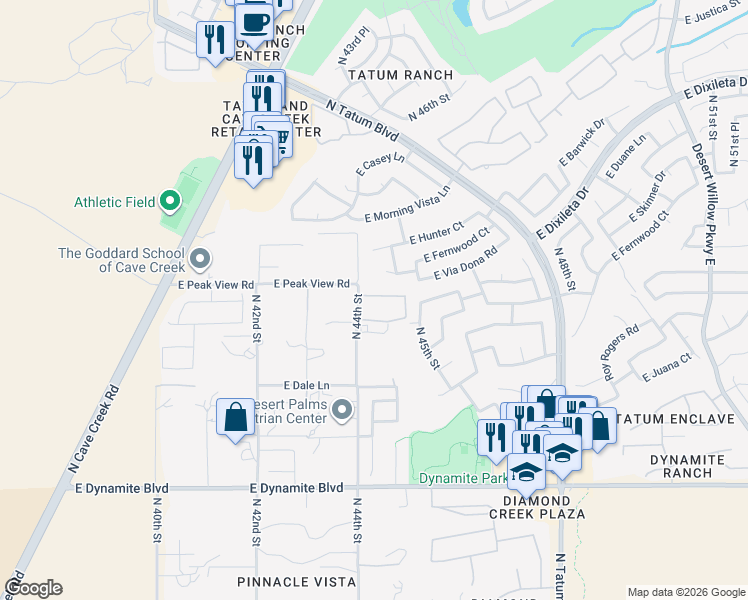 map of restaurants, bars, coffee shops, grocery stores, and more near 28811 North 44th Street in Cave Creek