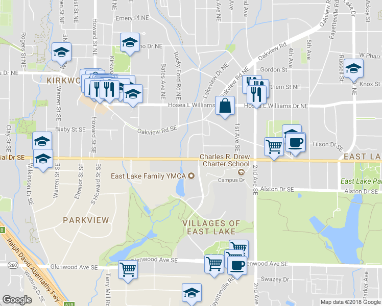 map of restaurants, bars, coffee shops, grocery stores, and more near 190 Watson Circle Southeast in Atlanta