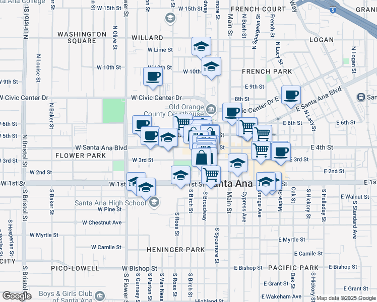 map of restaurants, bars, coffee shops, grocery stores, and more near 400 West 3rd Street in Santa Ana