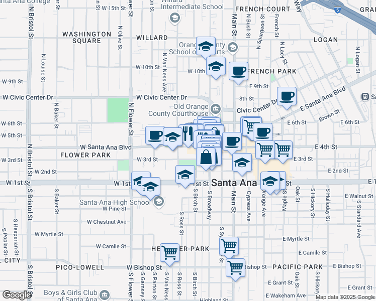 map of restaurants, bars, coffee shops, grocery stores, and more near 400 West 3rd Street in Santa Ana