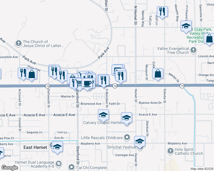map of restaurants, bars, coffee shops, grocery stores, and more near Florida Ave & Meridian St in Hemet