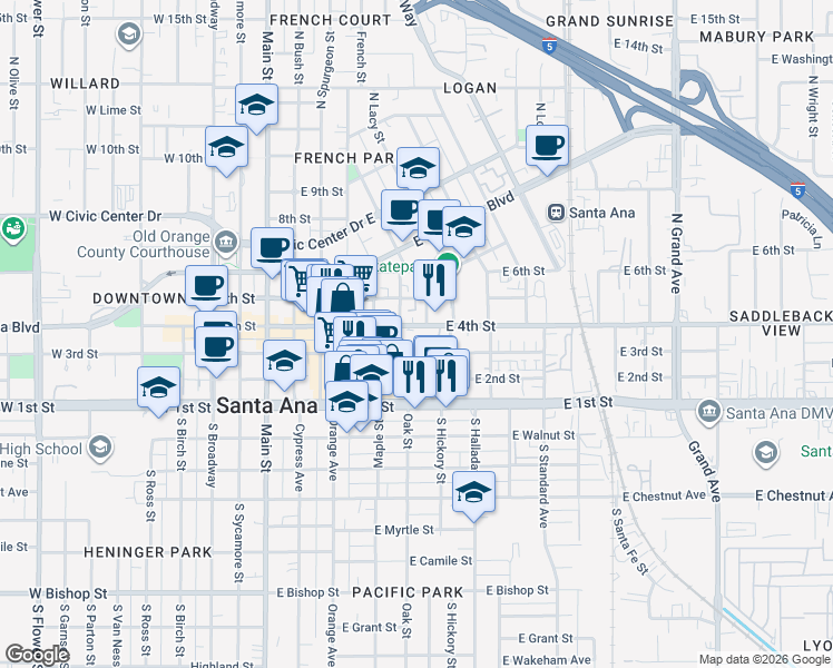 map of restaurants, bars, coffee shops, grocery stores, and more near 610 East 4th Street in Santa Ana