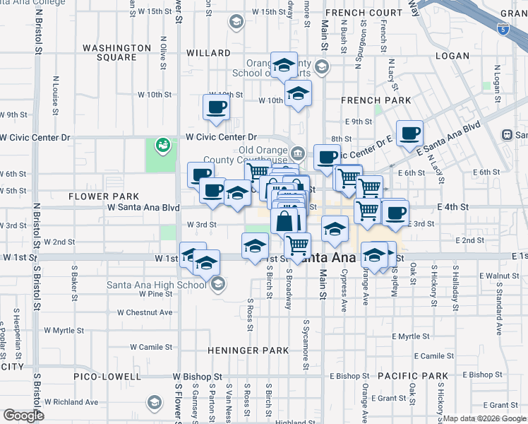 map of restaurants, bars, coffee shops, grocery stores, and more near 400 West 3rd Street in Santa Ana