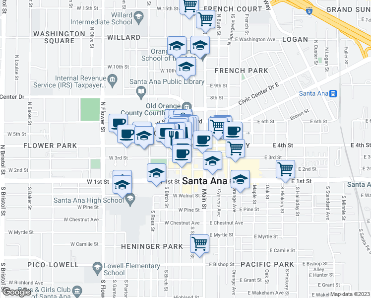 map of restaurants, bars, coffee shops, grocery stores, and more near 302 West 5th Street in Santa Ana