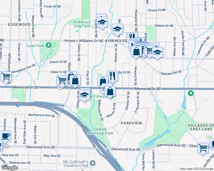 map of restaurants, bars, coffee shops, grocery stores, and more near 172 Dearborn Street Southeast in Atlanta