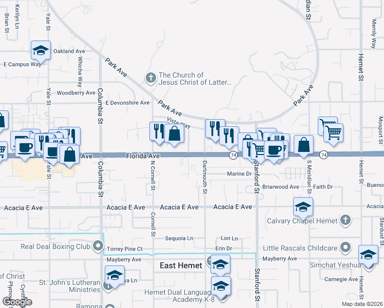 map of restaurants, bars, coffee shops, grocery stores, and more near Florida Avenue in Hemet