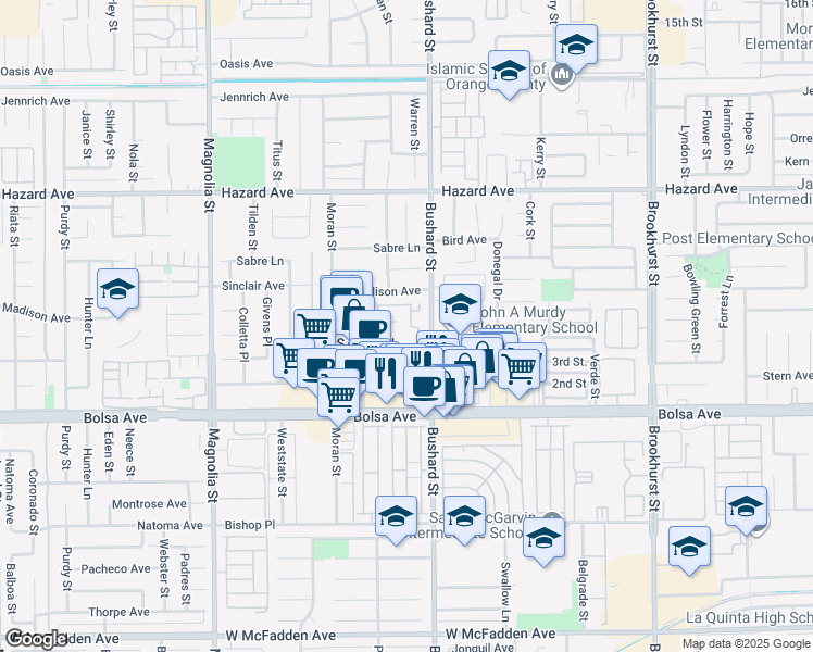 map of restaurants, bars, coffee shops, grocery stores, and more near 9460 Madison Avenue in Westminster