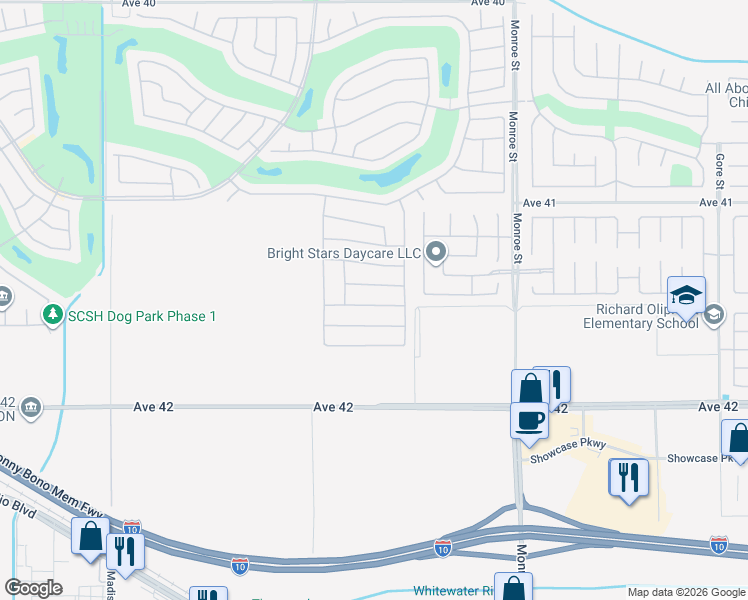 map of restaurants, bars, coffee shops, grocery stores, and more near 81690 Avenida Alturas in Indio