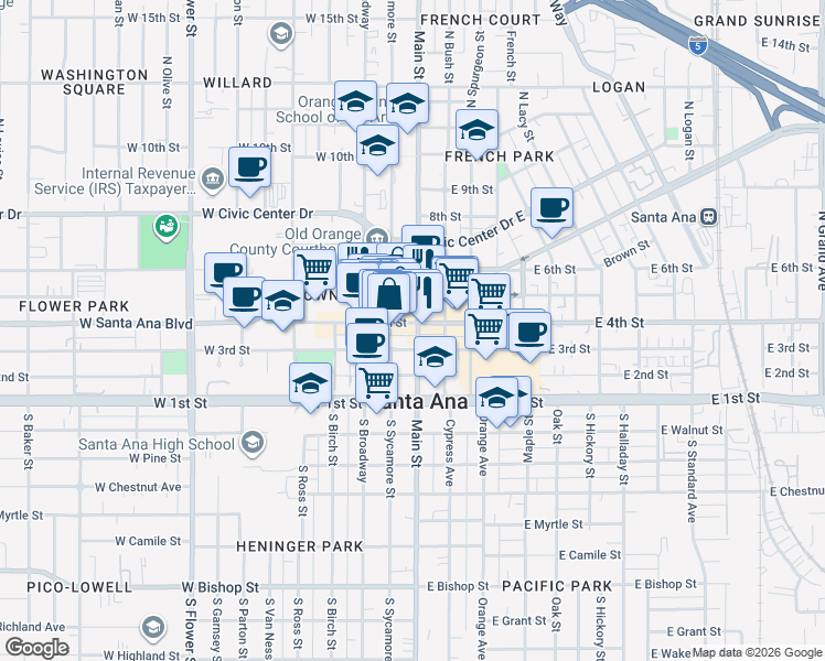 map of restaurants, bars, coffee shops, grocery stores, and more near 102 West 4th Street in Santa Ana