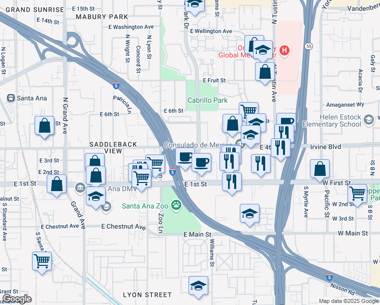 map of restaurants, bars, coffee shops, grocery stores, and more near 1750 East 4th Street in Santa Ana