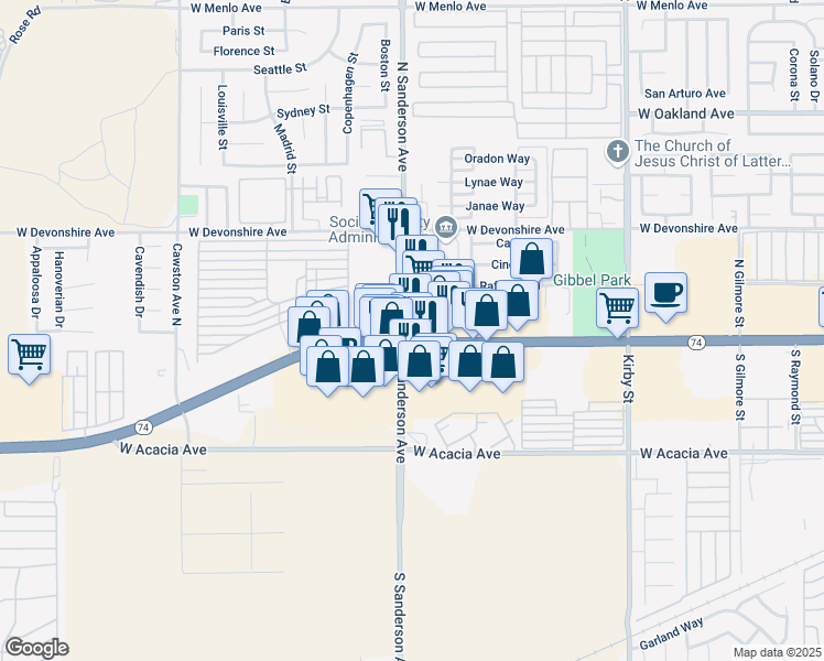 map of restaurants, bars, coffee shops, grocery stores, and more near 3204 West Florida Avenue in Hemet