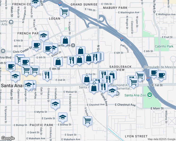 map of restaurants, bars, coffee shops, grocery stores, and more near 1110 East 4th Street in Santa Ana