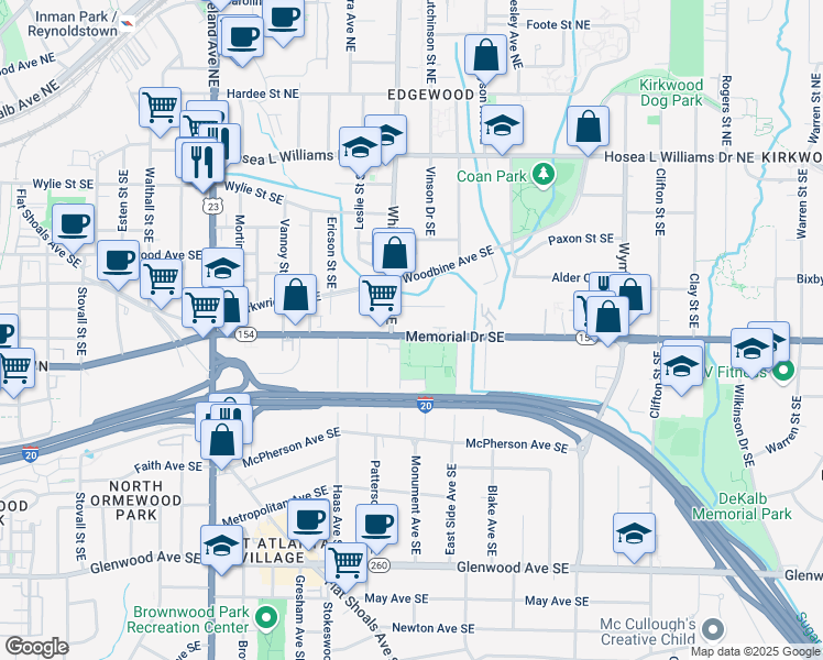 map of restaurants, bars, coffee shops, grocery stores, and more near 1408 Memorial Drive Southeast in Atlanta