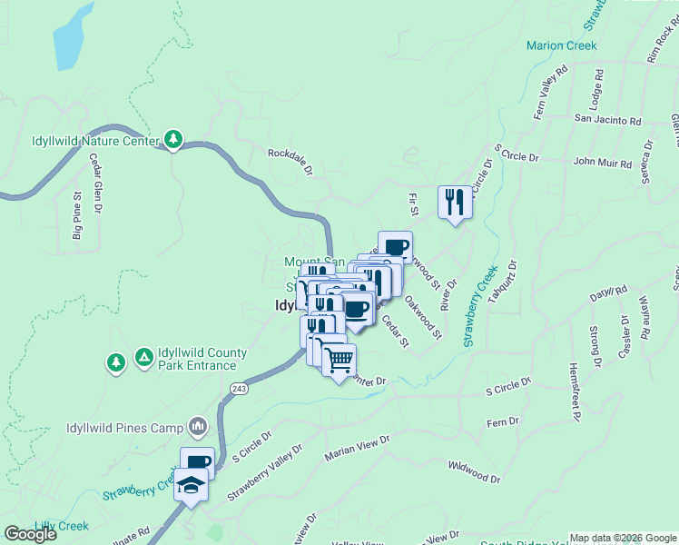 map of restaurants, bars, coffee shops, grocery stores, and more near 25870 California 243 in Idyllwild-Pine Cove