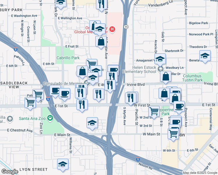 map of restaurants, bars, coffee shops, grocery stores, and more near 401 North Tustin Avenue in Santa Ana