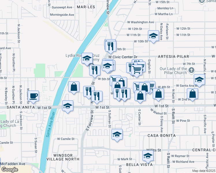 map of restaurants, bars, coffee shops, grocery stores, and more near 810 North Sullivan Street in Santa Ana