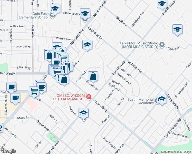 map of restaurants, bars, coffee shops, grocery stores, and more near 12771 Woodlawn Avenue in Tustin