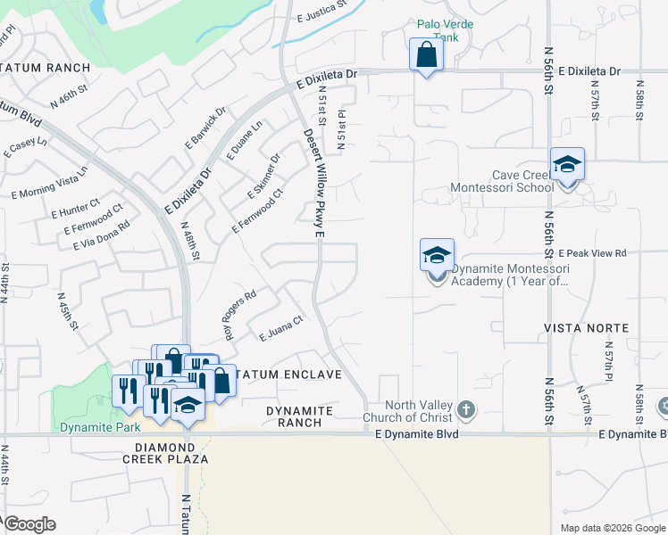 map of restaurants, bars, coffee shops, grocery stores, and more near 5121 East Peak View Road in Cave Creek