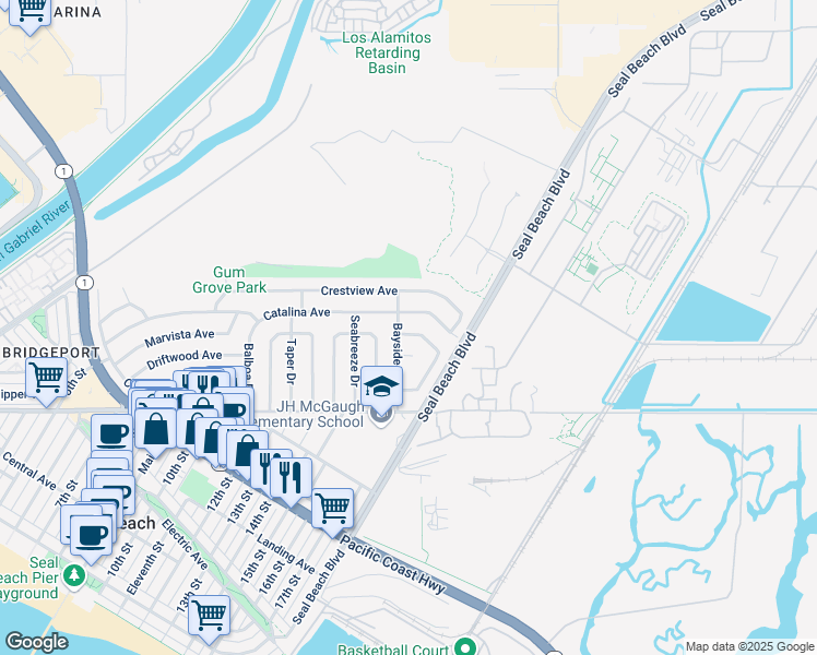 map of restaurants, bars, coffee shops, grocery stores, and more near 1701 Catalina Avenue in Seal Beach