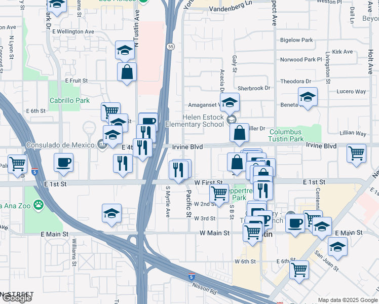 map of restaurants, bars, coffee shops, grocery stores, and more near 17332 Irvine Boulevard in Tustin