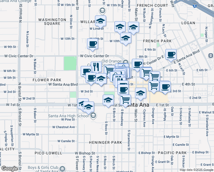 map of restaurants, bars, coffee shops, grocery stores, and more near 450 West 4th Street in Santa Ana