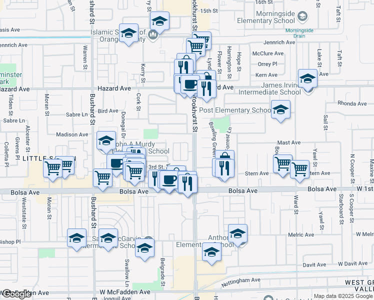 map of restaurants, bars, coffee shops, grocery stores, and more near 14800 Harmony Lane in Westminster