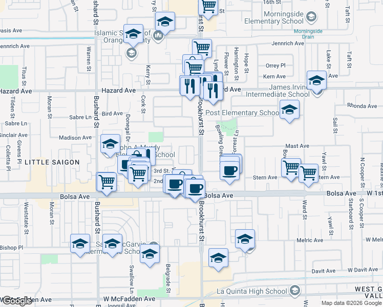 map of restaurants, bars, coffee shops, grocery stores, and more near 14800 Harmony Lane in Westminster