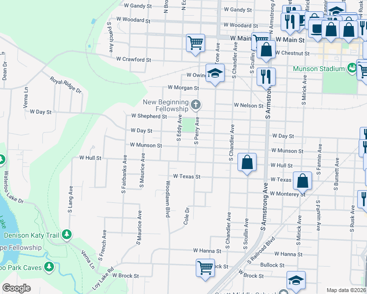 map of restaurants, bars, coffee shops, grocery stores, and more near 1218 West Day Street in Denison