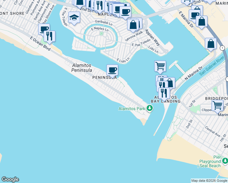 map of restaurants, bars, coffee shops, grocery stores, and more near 27 64th Place in Long Beach