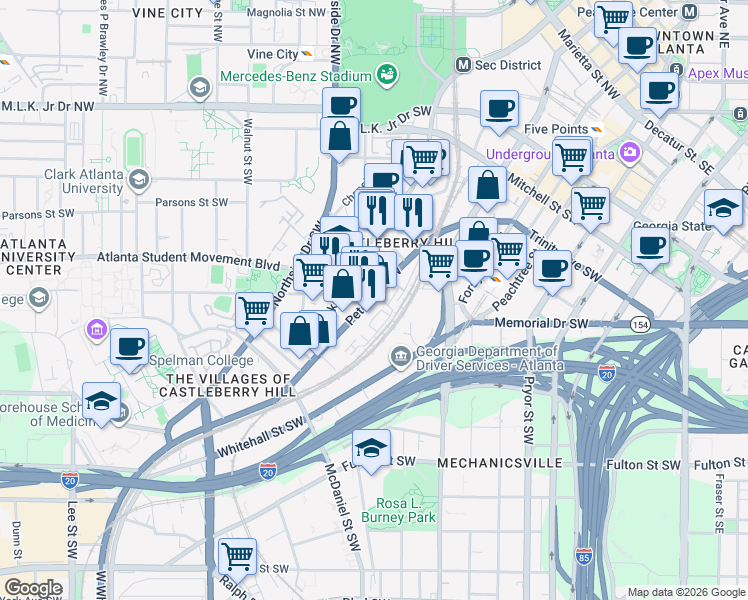 map of restaurants, bars, coffee shops, grocery stores, and more near 244 Peters Street Southwest in Atlanta