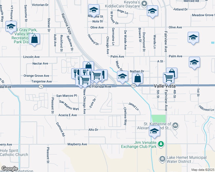 map of restaurants, bars, coffee shops, grocery stores, and more near 43466 California 74 in Hemet