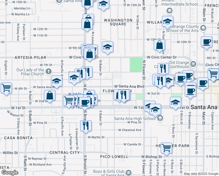 map of restaurants, bars, coffee shops, grocery stores, and more near 1111 West Santa Ana Boulevard in Santa Ana