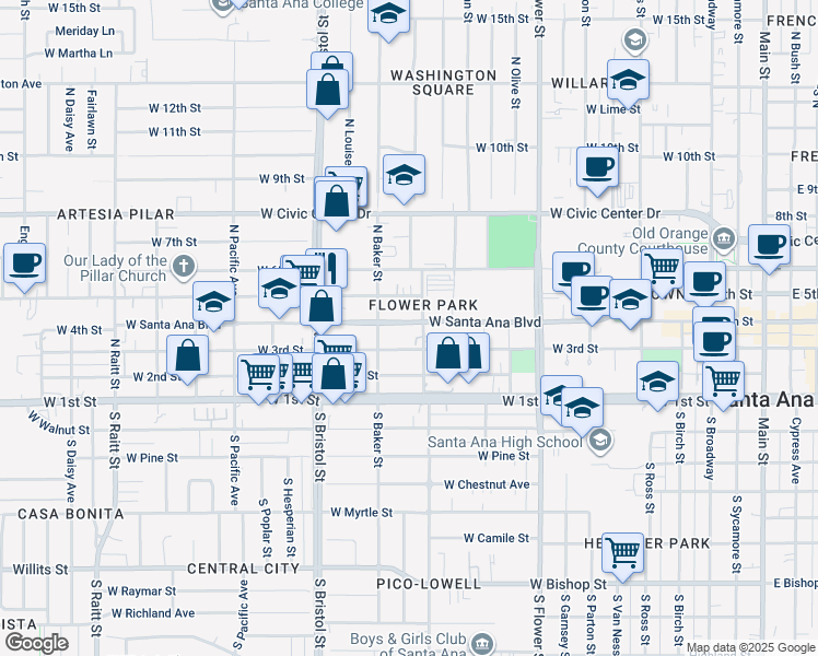 map of restaurants, bars, coffee shops, grocery stores, and more near 1111 West Santa Ana Boulevard in Santa Ana