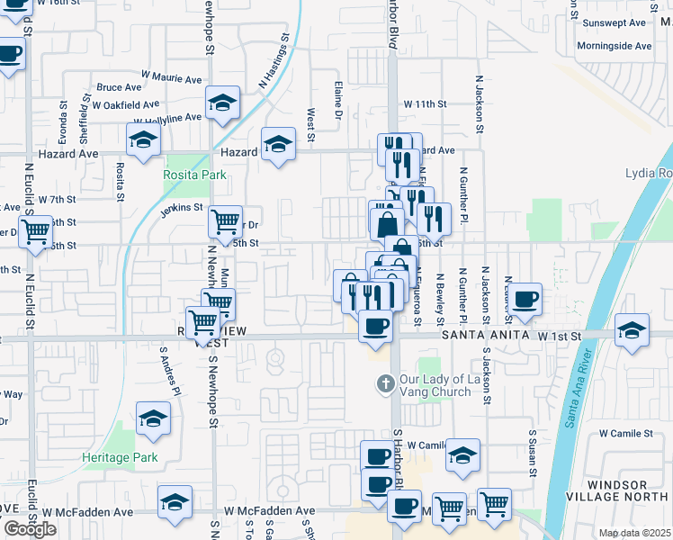map of restaurants, bars, coffee shops, grocery stores, and more near 3922 West 5th Street in Santa Ana