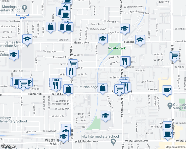 map of restaurants, bars, coffee shops, grocery stores, and more near 4922 West 5th Street in Santa Ana