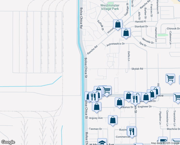map of restaurants, bars, coffee shops, grocery stores, and more near 5050 Skylab Road in Huntington Beach