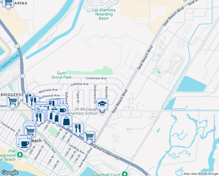 map of restaurants, bars, coffee shops, grocery stores, and more near 1701 Catalina Avenue in Seal Beach