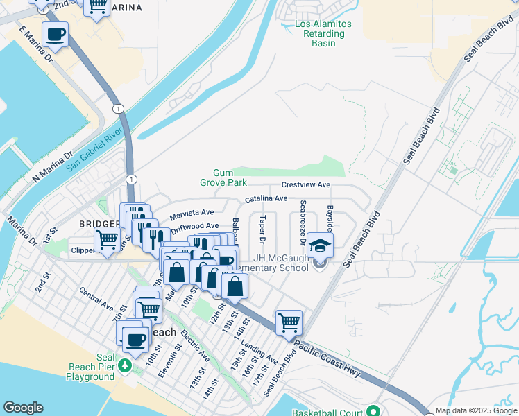 map of restaurants, bars, coffee shops, grocery stores, and more near 1235 Catalina Avenue in Seal Beach