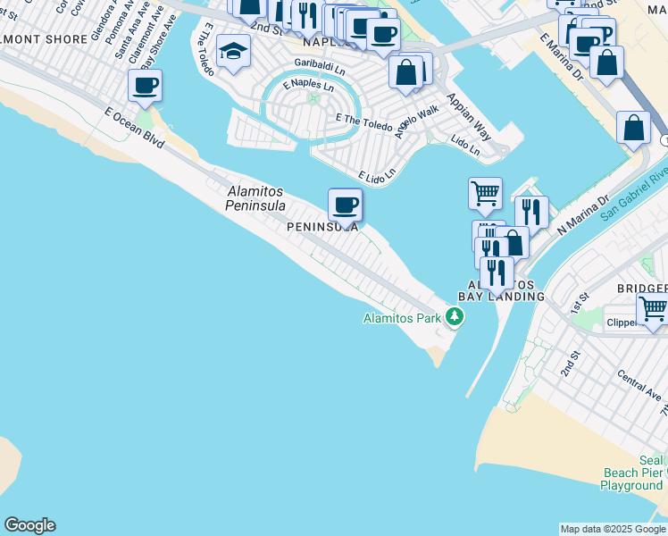 map of restaurants, bars, coffee shops, grocery stores, and more near 53 63rd Place in Long Beach