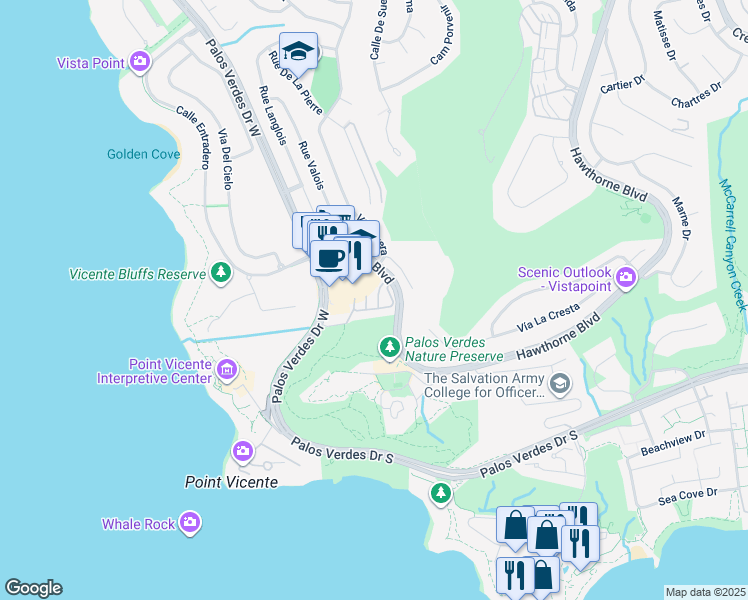 map of restaurants, bars, coffee shops, grocery stores, and more near 31212 Palos Verdes Drive West in Rancho Palos Verdes